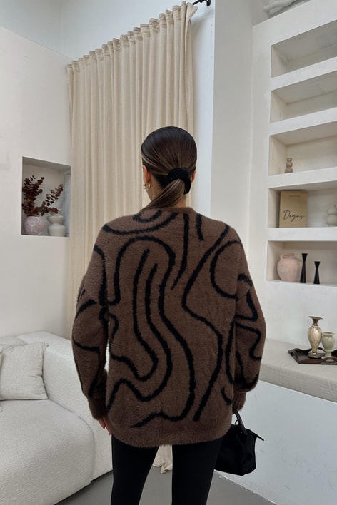 Zebra Desen Peluş Hırka Kahverengi