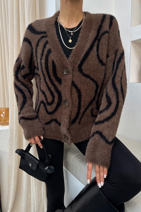 Zebra Desen Peluş Hırka Kahverengi