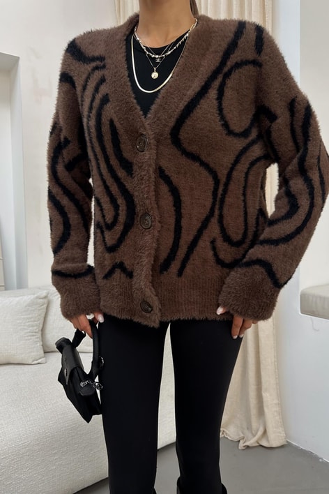Zebra Desen Peluş Hırka Kahverengi