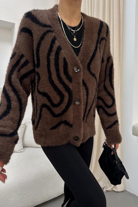 Zebra Desen Peluş Hırka Kahverengi