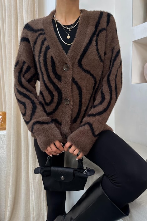 Zebra Desen Peluş Hırka Kahverengi