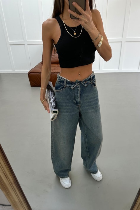 Bel Katlamalı Baggy Jean Mavi