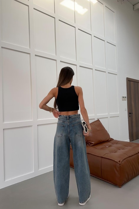 Bel Katlamalı Baggy Jean Mavi