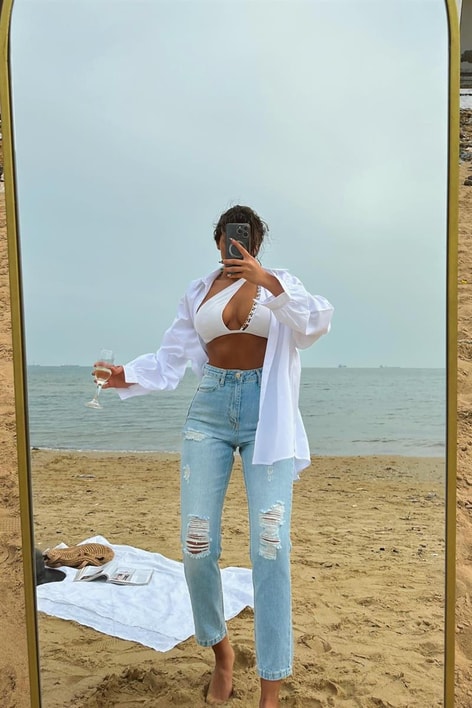 Çok Yırtıklı Yüksek Bel Mom Jean Mavi