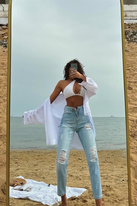 Çok Yırtıklı Yüksek Bel Mom Jean Mavi