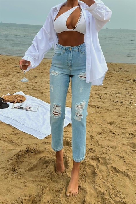 Çok Yırtıklı Yüksek Bel Mom Jean Mavi