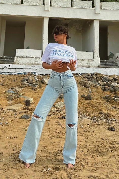 Crop Kesim Distressed Highwaist Jean Buz Mavi