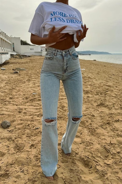 Crop Kesim Distressed Highwaist Jean Buz Mavi