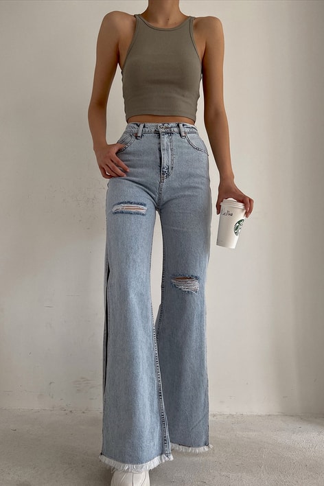 Derin Yırtmaçlı Distressed Jean Mavi