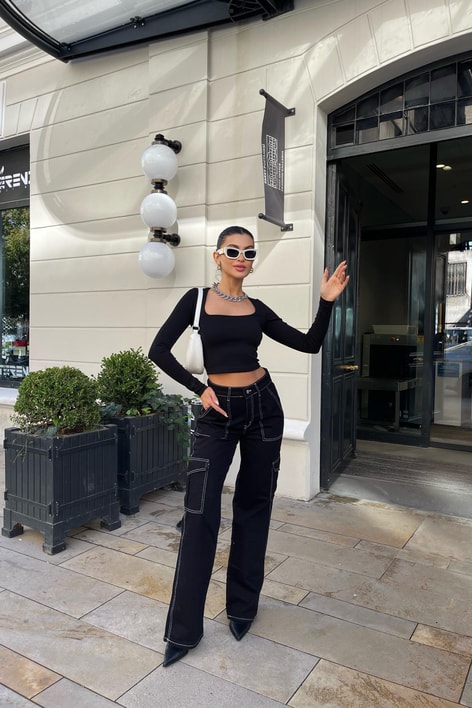 Dikiş Detay Kargo Jean Siyah