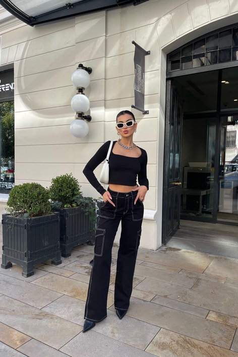 Dikiş Detay Kargo Jean Siyah