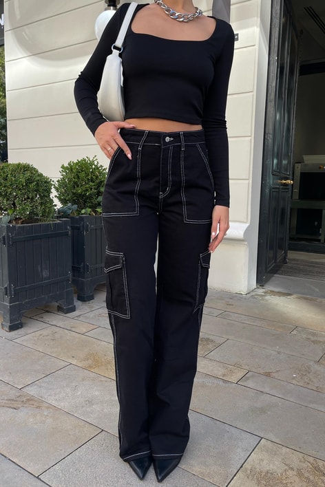 Dikiş Detay Kargo Jean Siyah