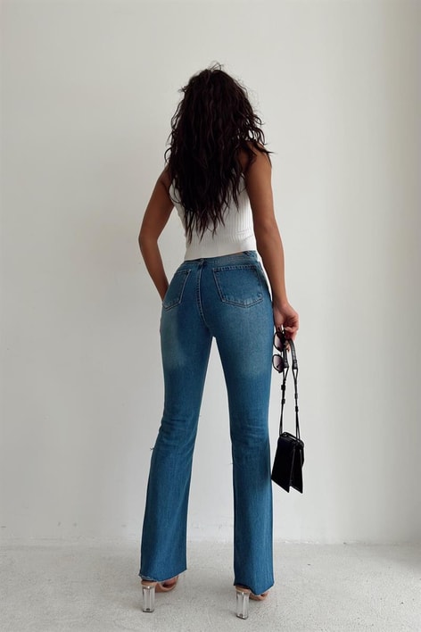 Distressed Crop Yüksek Bel Jean Mavi