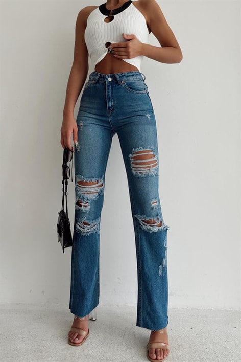 Distressed Crop Yüksek Bel Jean Mavi
