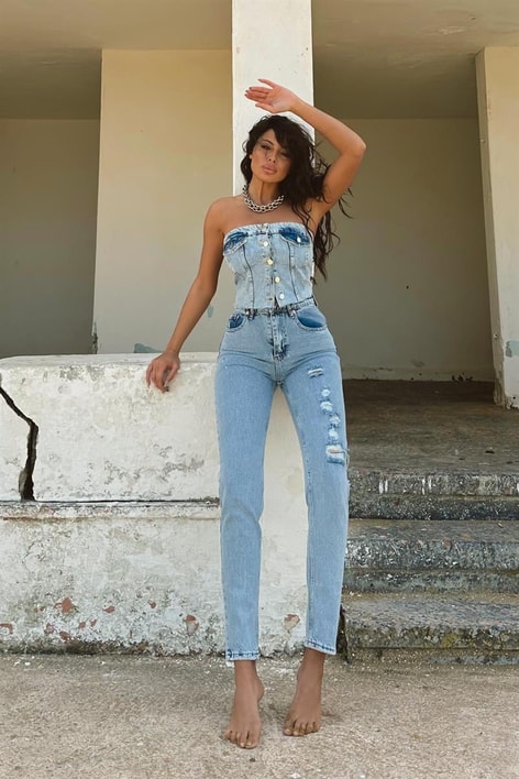 Distressed Detaylı Mom Jean Mavi
