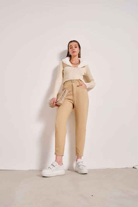 Elastik Belli Mom Jean Camel