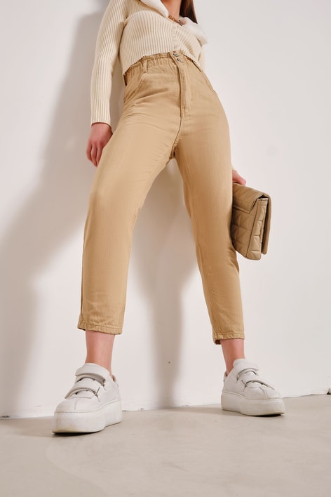 Elastik Belli Mom Jean Camel