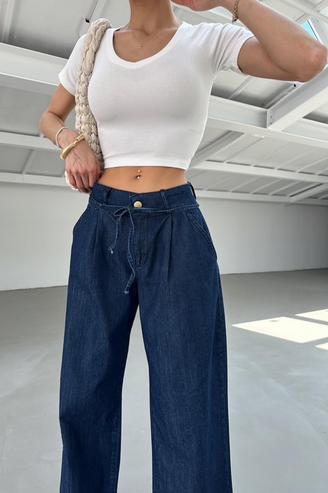 İnce Kemerli Denim Bol Pantolon Lacivert