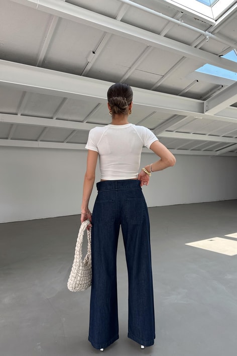 İnce Kemerli Denim Bol Pantolon Lacivert