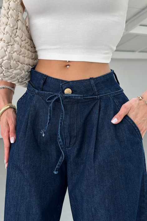 İnce Kemerli Denim Bol Pantolon Lacivert