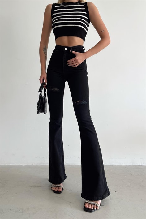 İspanyol Paça Distressed Jean Füme
