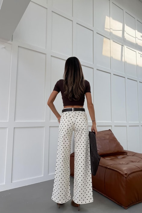 Kemerli Puantiye Jean Pantolon Krem