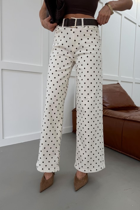 Kemerli Puantiye Jean Pantolon Krem