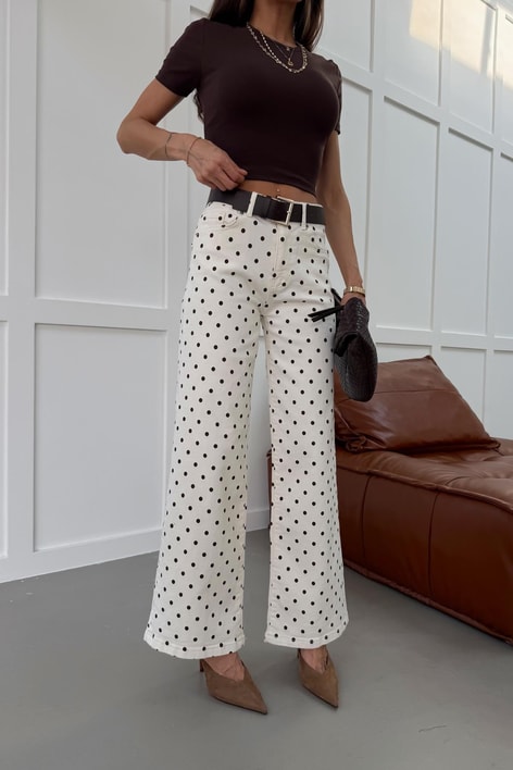 Kemerli Puantiye Jean Pantolon Krem