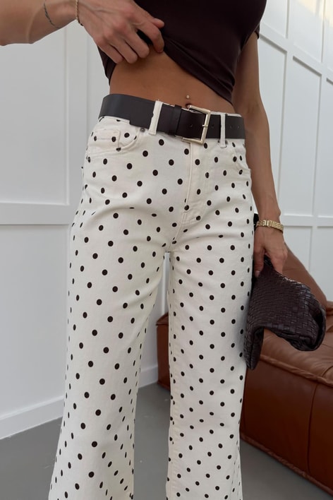 Kemerli Puantiye Jean Pantolon Krem