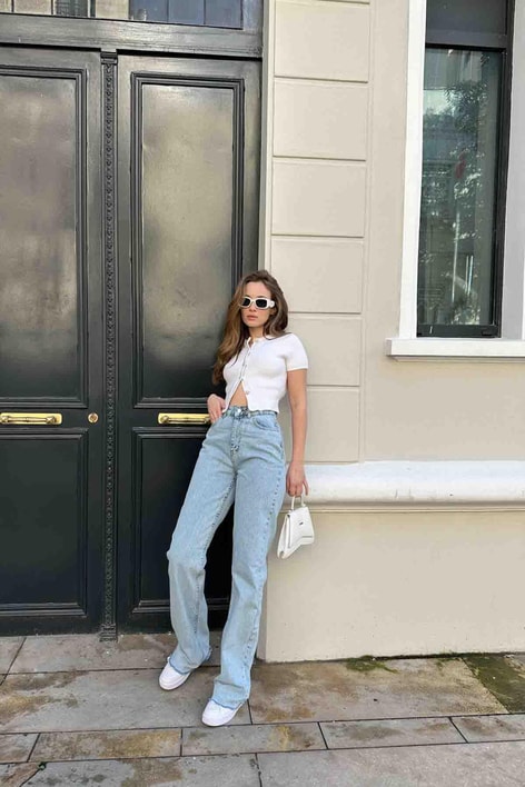 Kesik Paça Palazzo Jean Buz Mavi