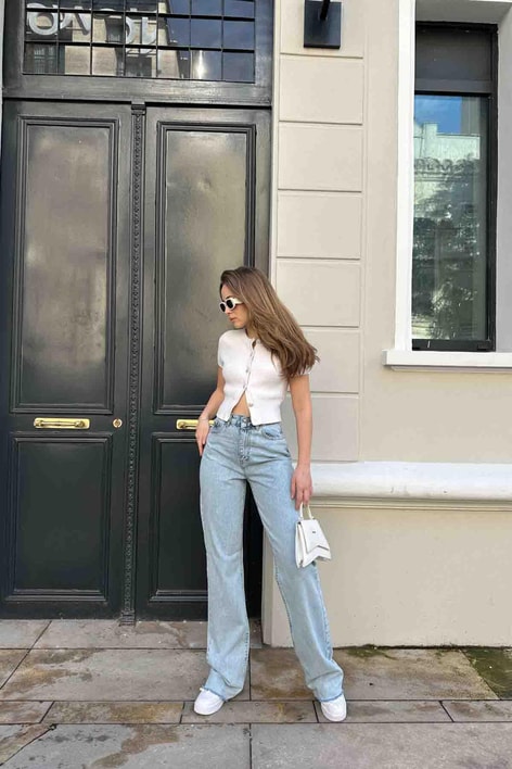 Kesik Paça Palazzo Jean Buz Mavi