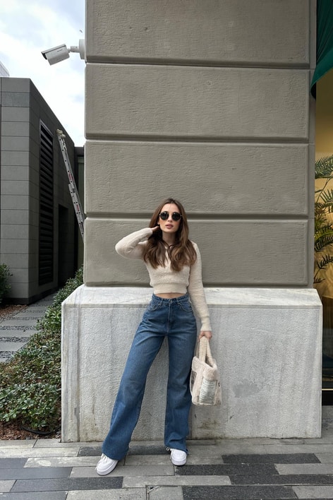 Kesik Paça Premium Palazzo Jean Koyu Mavi