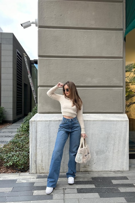 Kesik Paça Premium Palazzo Jean Koyu Mavi