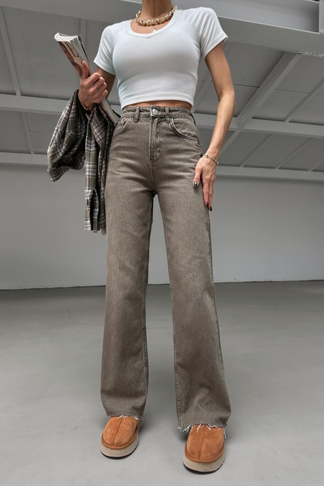 Kesik Paça Straight Jean Haki
