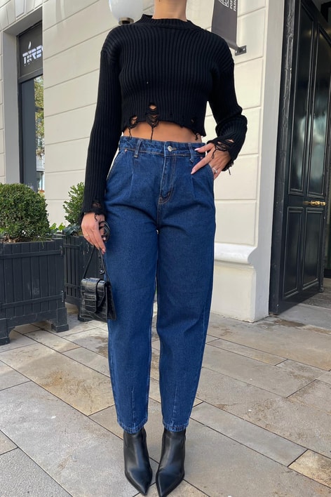 Paça Dikiş Detay Balon Jean Lacivert