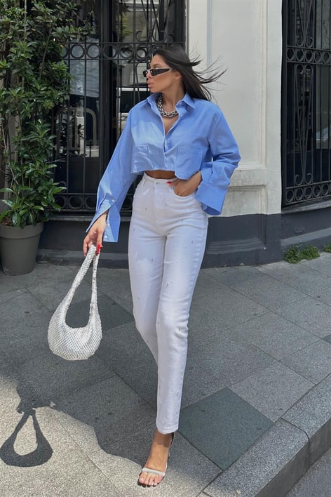 Parlak Taşlı Clary Jean Beyaz