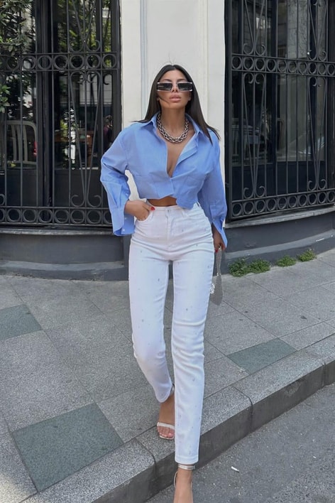 Parlak Taşlı Clary Jean Beyaz