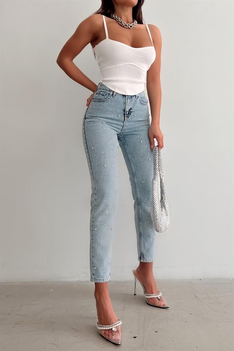 Parlak Taşlı Clary Jean Mavi