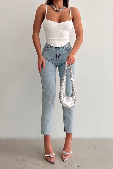 Parlak Taşlı Clary Jean Mavi