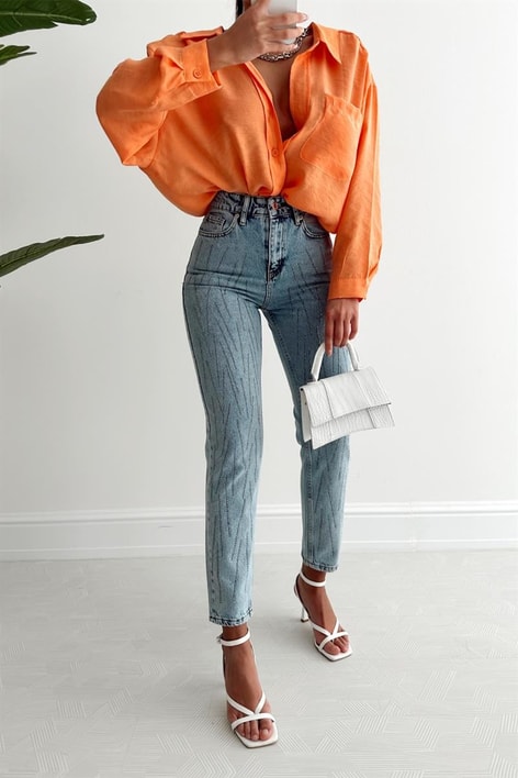 Parlak Taşlı Mom Jean Mavi