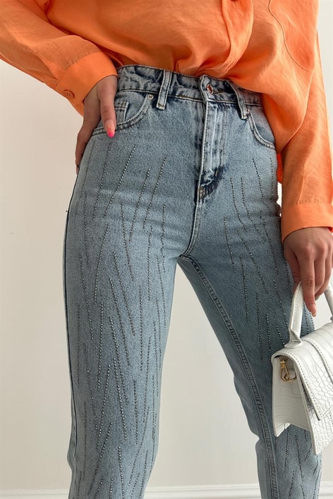 Parlak Taşlı Mom Jean Mavi