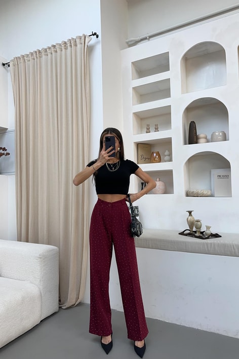 Pileli Taşlı Palazzo Pantolon Açık Bordo