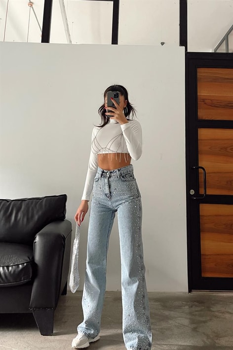 Taş Çakımlı Yüksek Bel Jean Buz Mavi