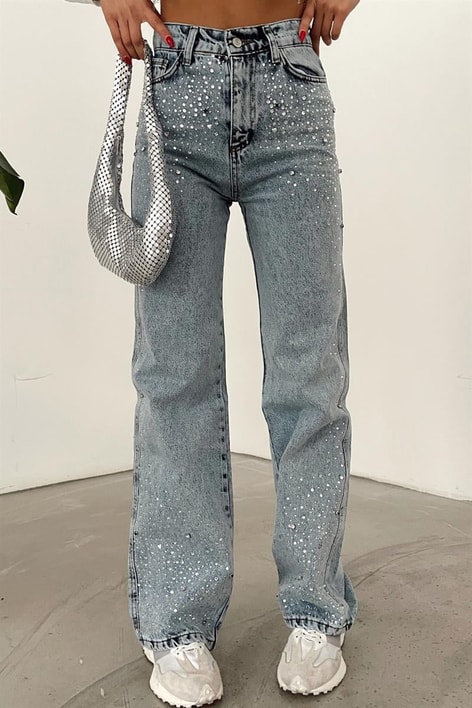 Taş Çakımlı Yüksek Bel Jean Buz Mavi