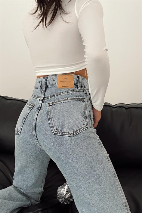 Taş Çakımlı Yüksek Bel Jean Buz Mavi