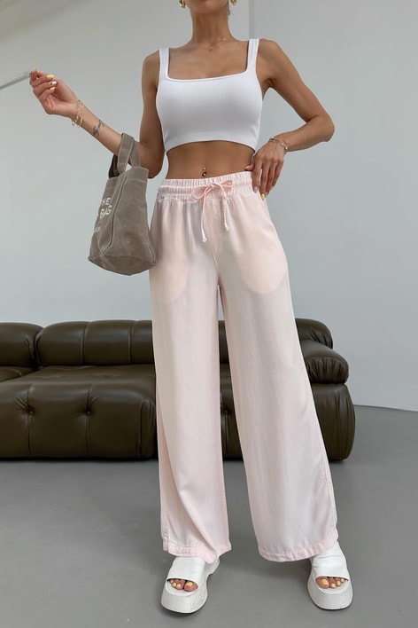 Wide Leg Tensel Kumaş Pantolon Pudra