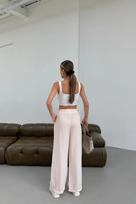 Wide Leg Tensel Kumaş Pantolon Pudra