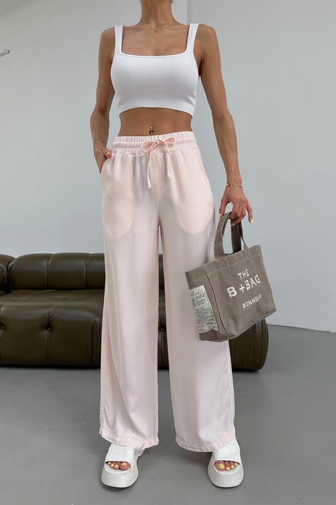 Wide Leg Tensel Kumaş Pantolon Pudra