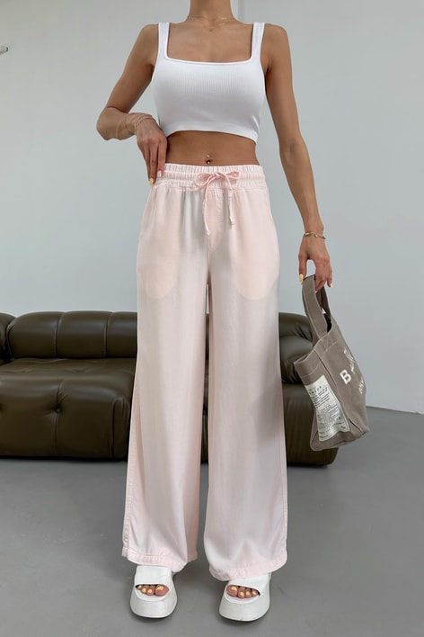 Wide Leg Tensel Kumaş Pantolon Pudra