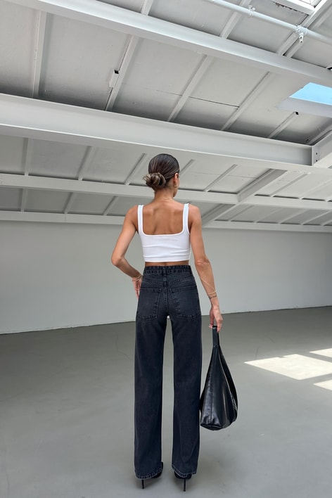 Yıkamalı Wide Leg Jean Füme
